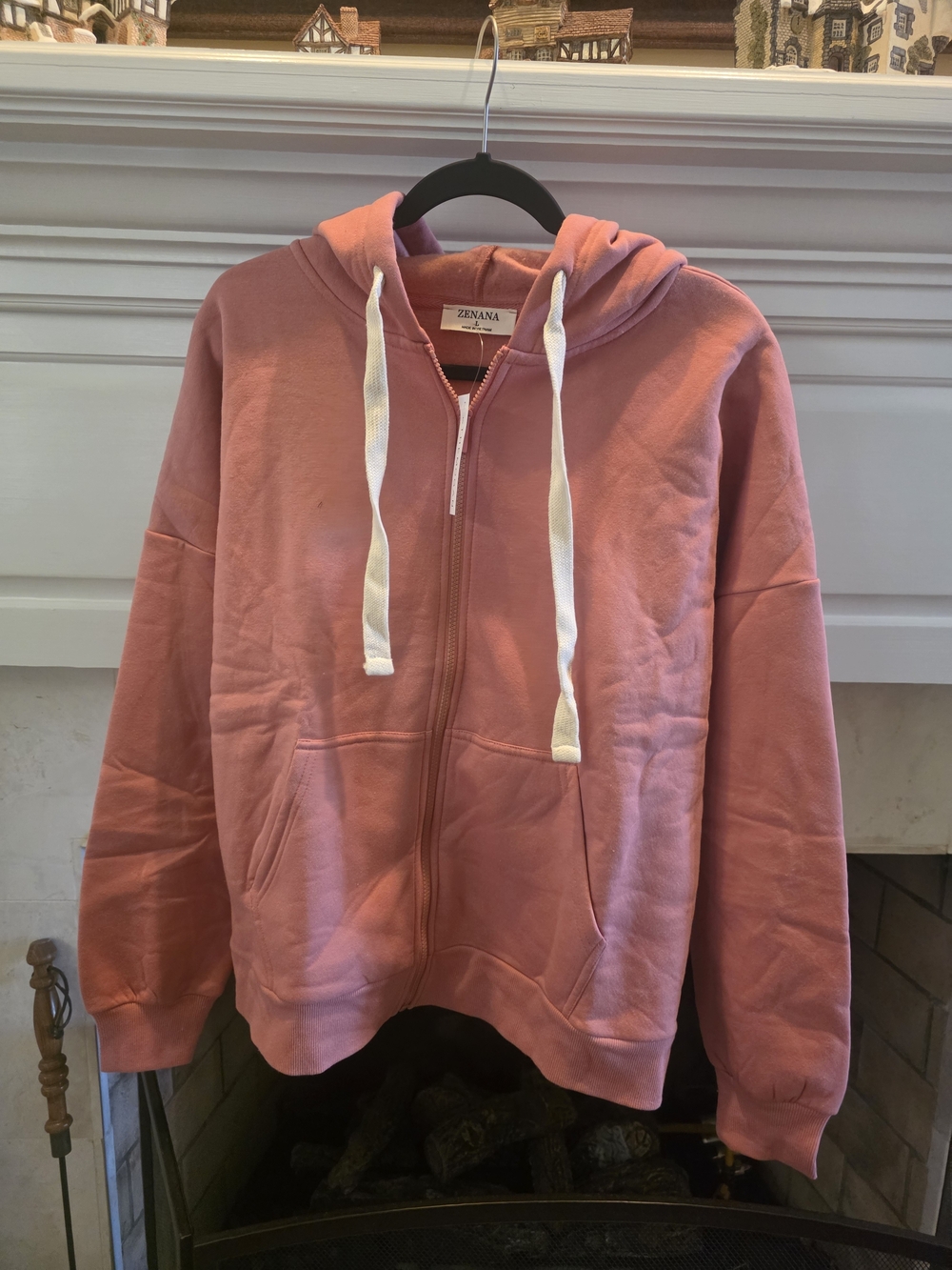 Zenana Outfitters Dusty Rose Full-Zip Hoodie with Cream Drawstrings